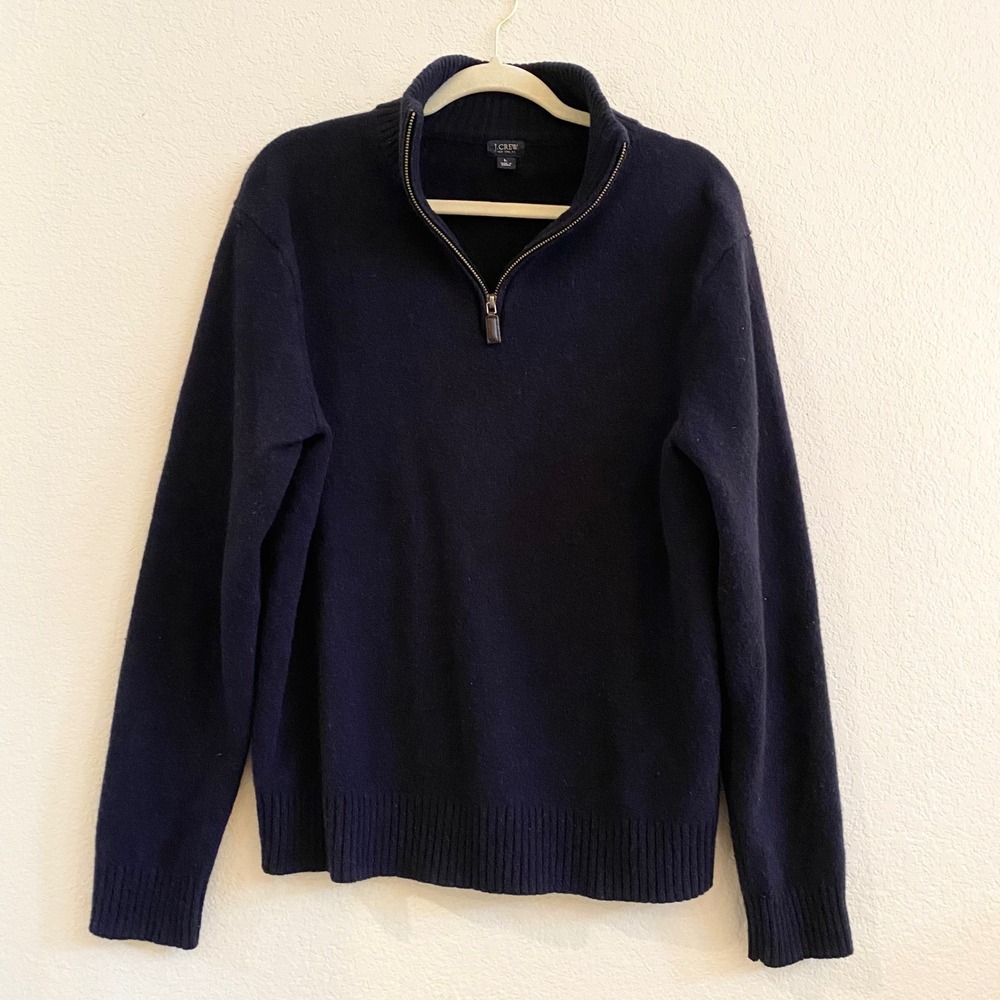 J Crew Mens Navy Blue Merino WoolQuarter‎ Zip Sweater L Long Sleeve Pullover